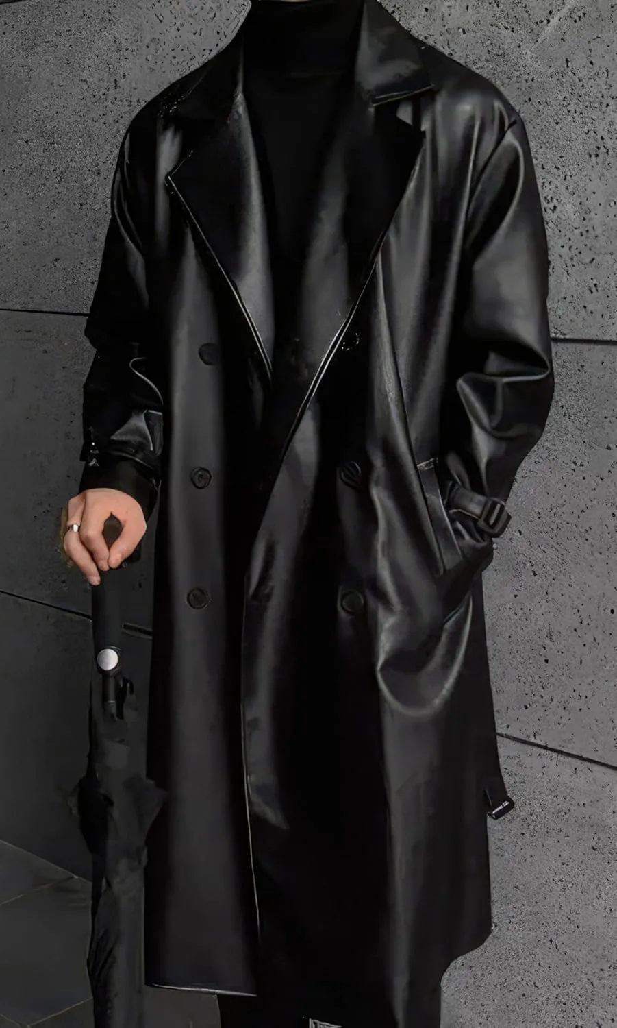 Men's Black Genuine Sheepskin Leather Double Breasted Belted Trench Coat - Winter Fashionable Aviator Long Coat For Men