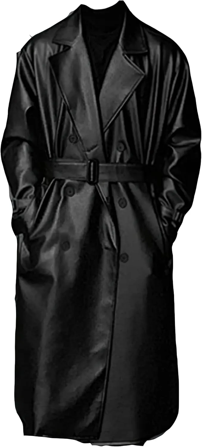 Men's Black Genuine Sheepskin Leather Double Breasted Belted Trench Coat - Winter Fashionable Aviator Long Coat For Men