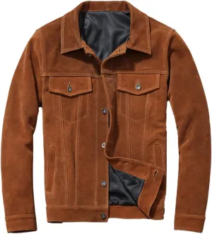 Men’s Brown Trucker Genuine Suede Turn Down Collar Casual Classic Western Fashionable Leather Jacket