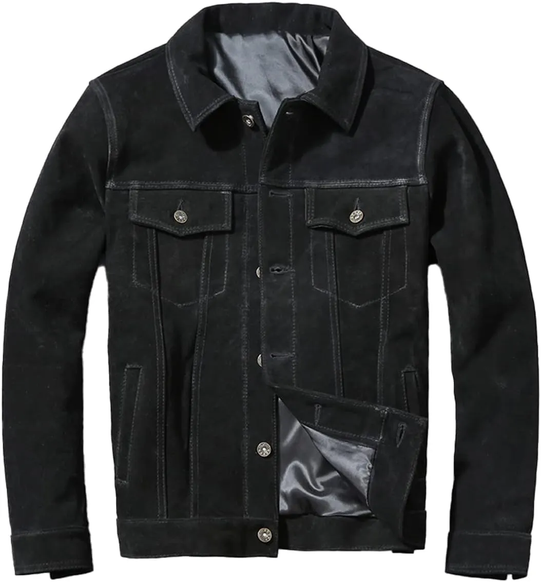 Mens Casual Classic Western Fashionable Genuine Suede Turn Down Collar Black Leather Jacket