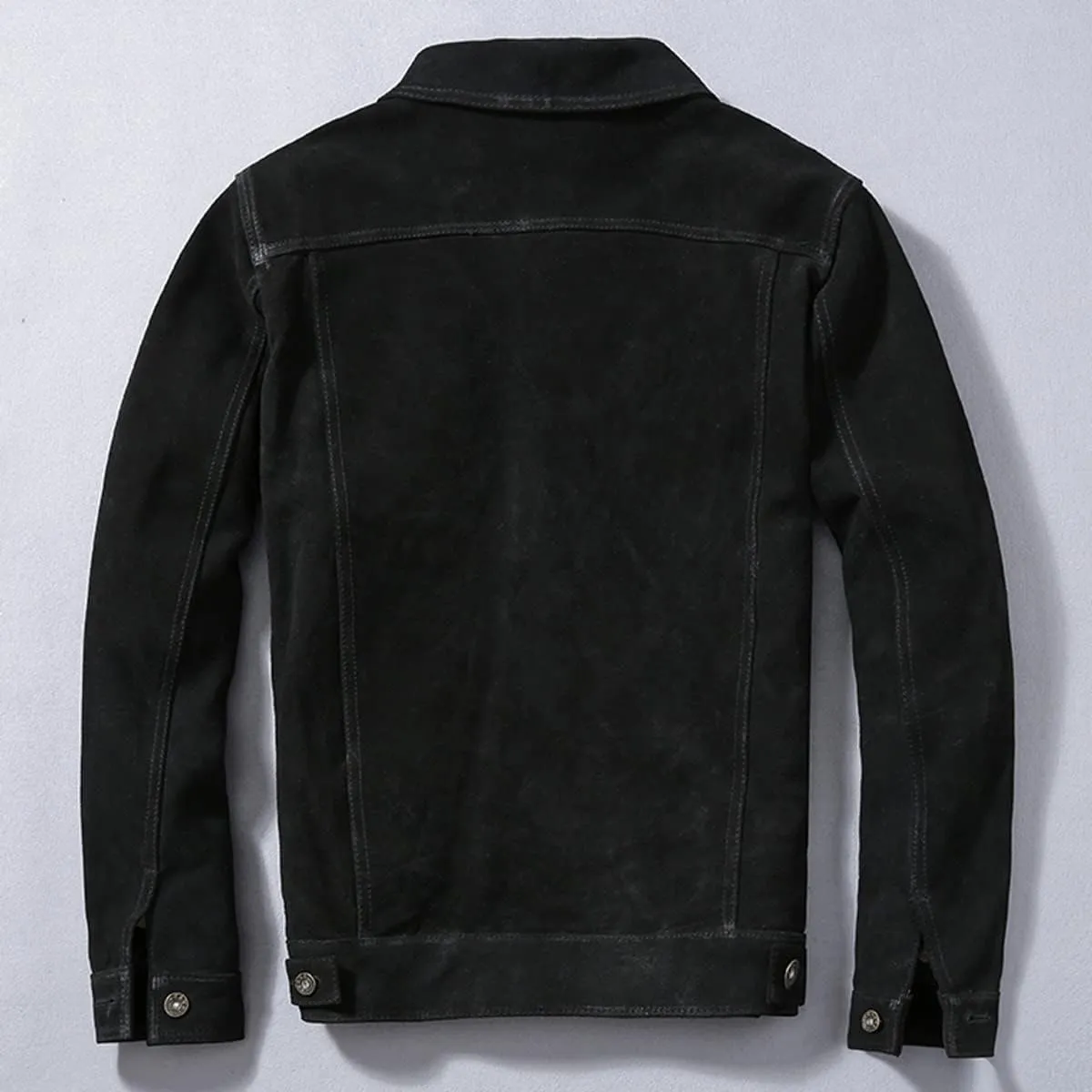 Mens Casual Classic Western Fashionable Genuine Suede Turn Down Collar Black Leather Jacket