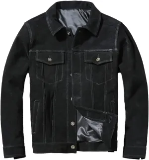 Mens Casual Classic Western Fashionable Genuine Suede Turn Down Collar Black Leather Jacket
