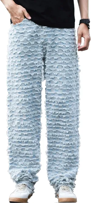 Men's Colorblock Frayed Hem Wide Leg Loose Casual Jeans Y2K Vintage Baggy Patchwork Trouser