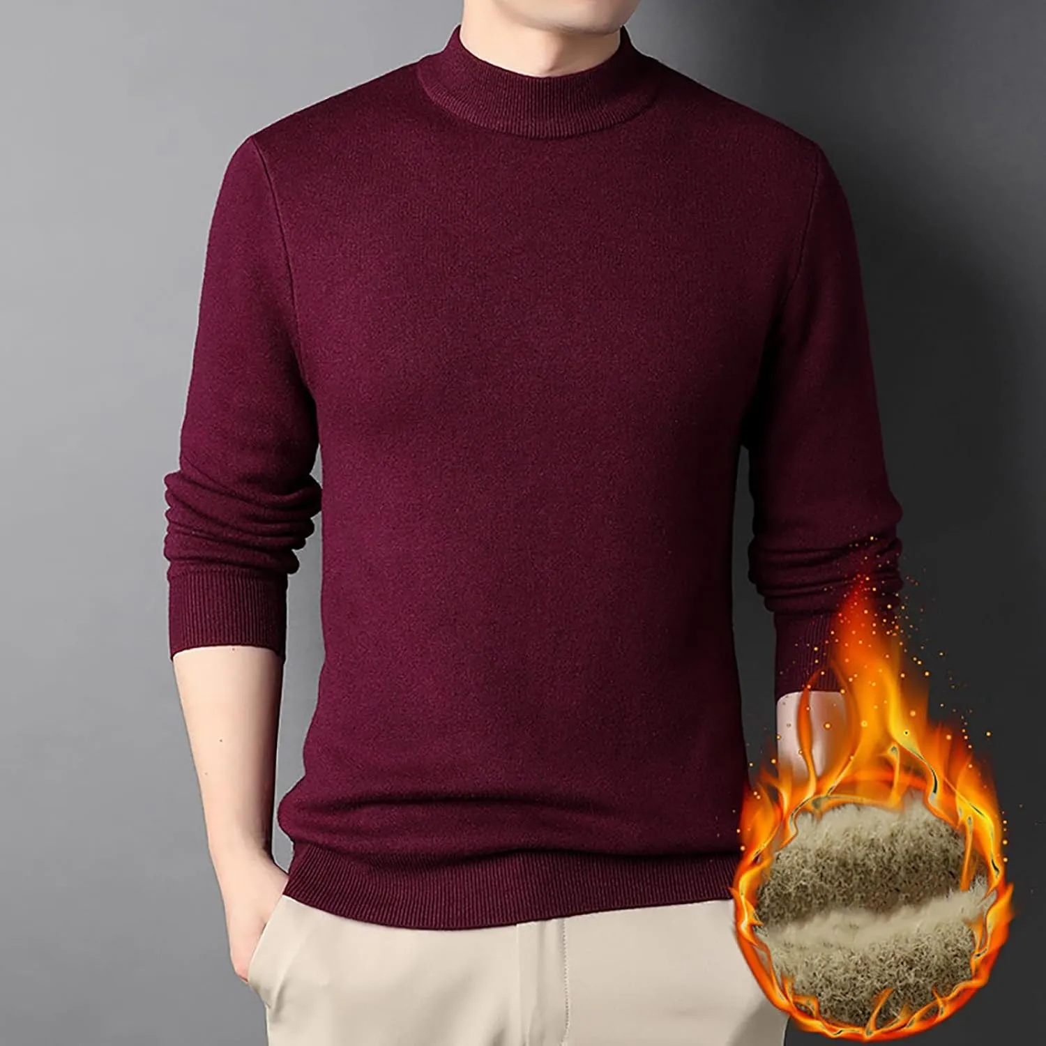 Men's Crewneck Sweater Sherpa Lined Sweatshirts Slim Fit Long Sleeve Underwear Fleece Winter Thermal Pullover Coats