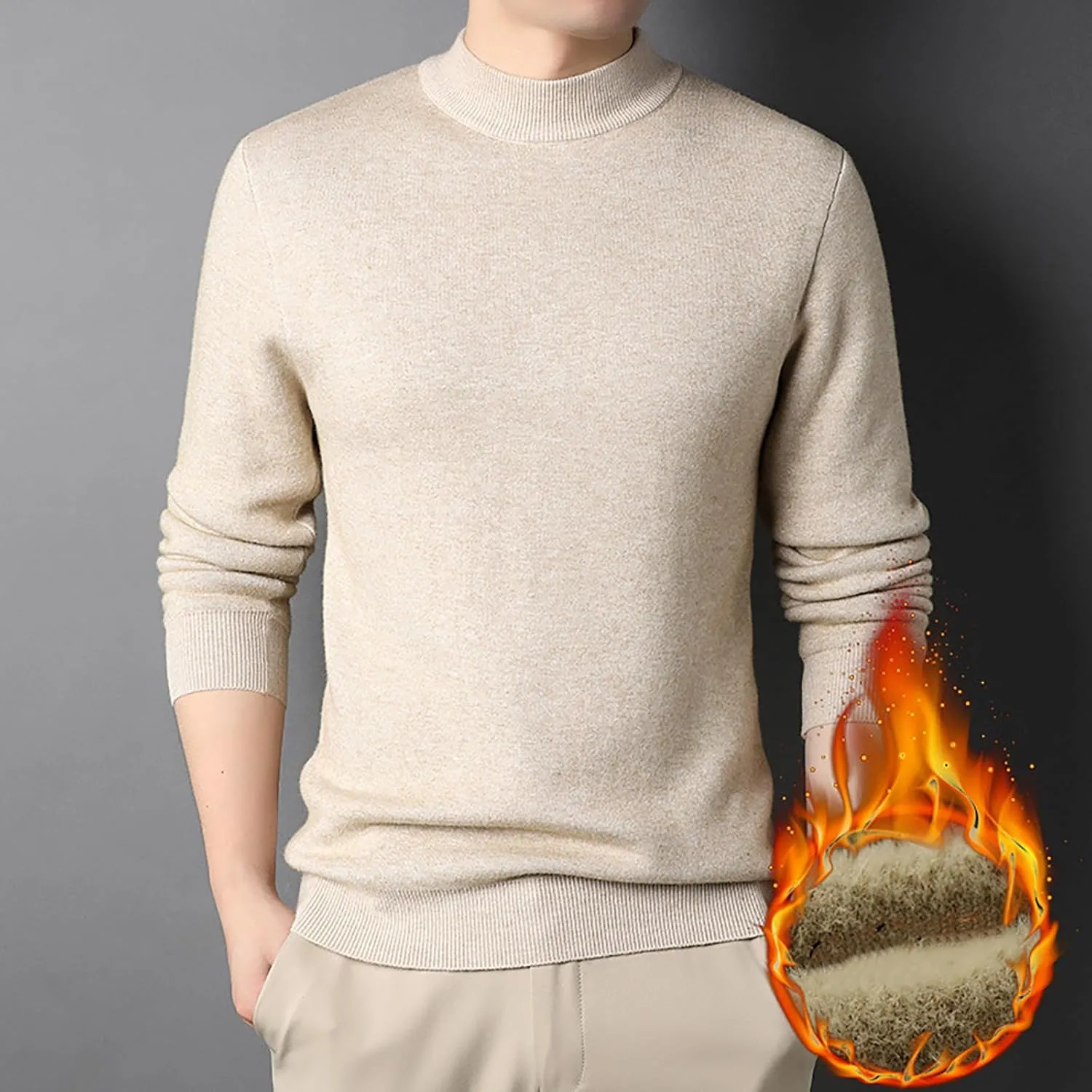 Men's Crewneck Sweater Sherpa Lined Sweatshirts Slim Fit Long Sleeve Underwear Fleece Winter Thermal Pullover Coats