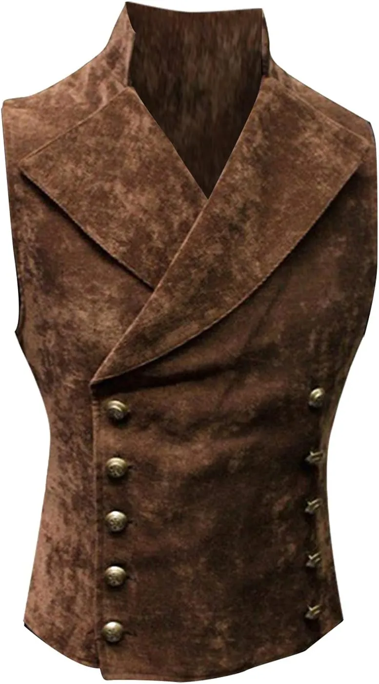 Men's Faux Suede Leather Vest Slim Fit Vintage Gothic Steampunk Waistcoat Casual Classic Sleeveless Jackets Party Retro Vest