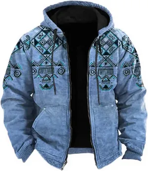 Mens Fleece Jacket Fuzzy Sherpa Jacket Western Aztec Print Vintage Sweatshirts Winter Warm Ethnic Casual Sweater Coat