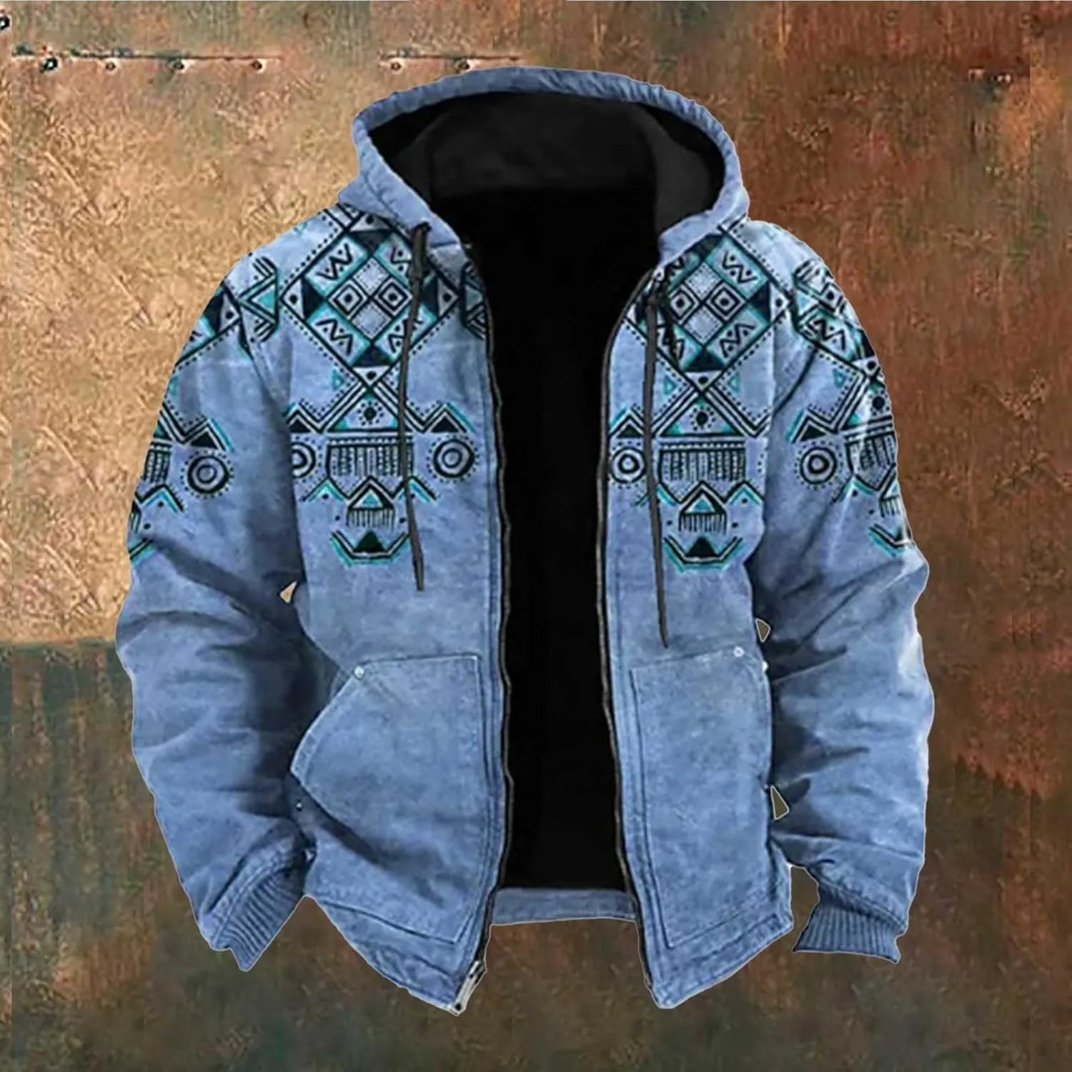 Mens Fleece Jacket Fuzzy Sherpa Jacket Western Aztec Print Vintage Sweatshirts Winter Warm Ethnic Casual Sweater Coat