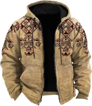 Mens Fleece Jacket Fuzzy Sherpa Jacket Western Aztec Print Vintage Sweatshirts Winter Warm Ethnic Casual Sweater Coat