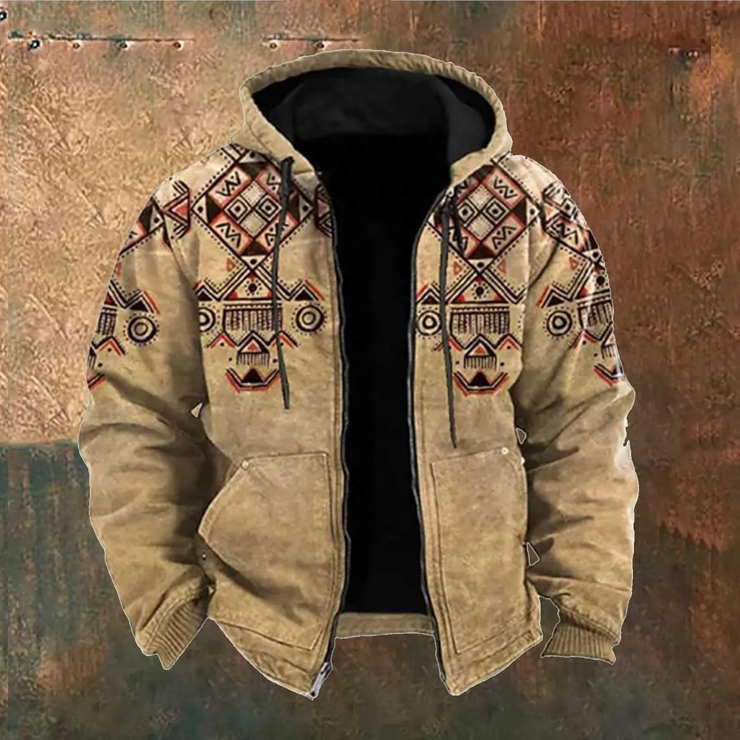 Mens Fleece Jacket Fuzzy Sherpa Jacket Western Aztec Print Vintage Sweatshirts Winter Warm Ethnic Casual Sweater Coat