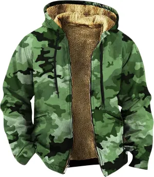 Men's Full Zip Up Fleece Flannel Jackets Camo Camouflage Hoodies Warm Sweater Coat Hunting Performance Sweatshirt