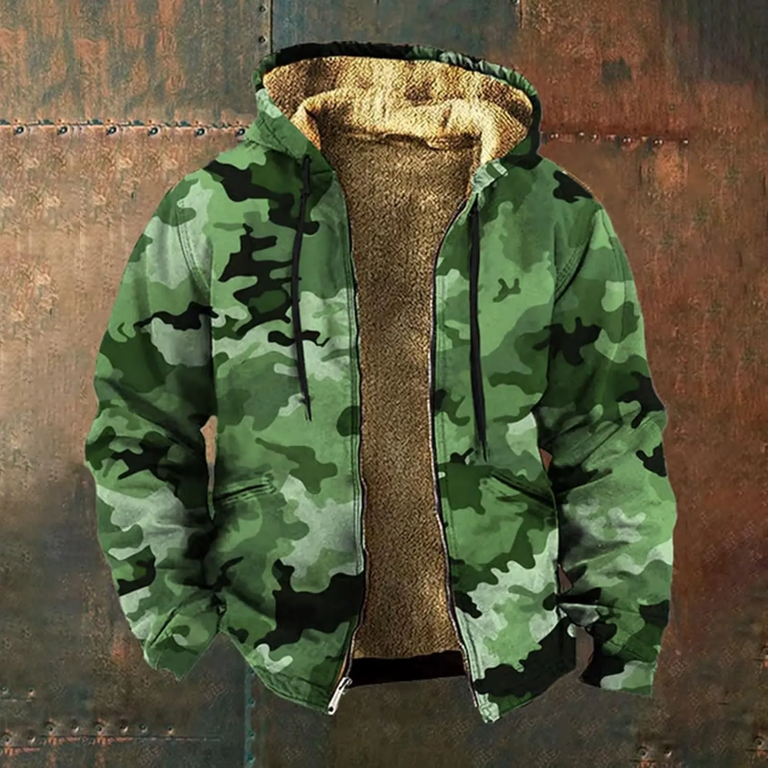 Men's Full Zip Up Fleece Flannel Jackets Camo Camouflage Hoodies Warm Sweater Coat Hunting Performance Sweatshirt