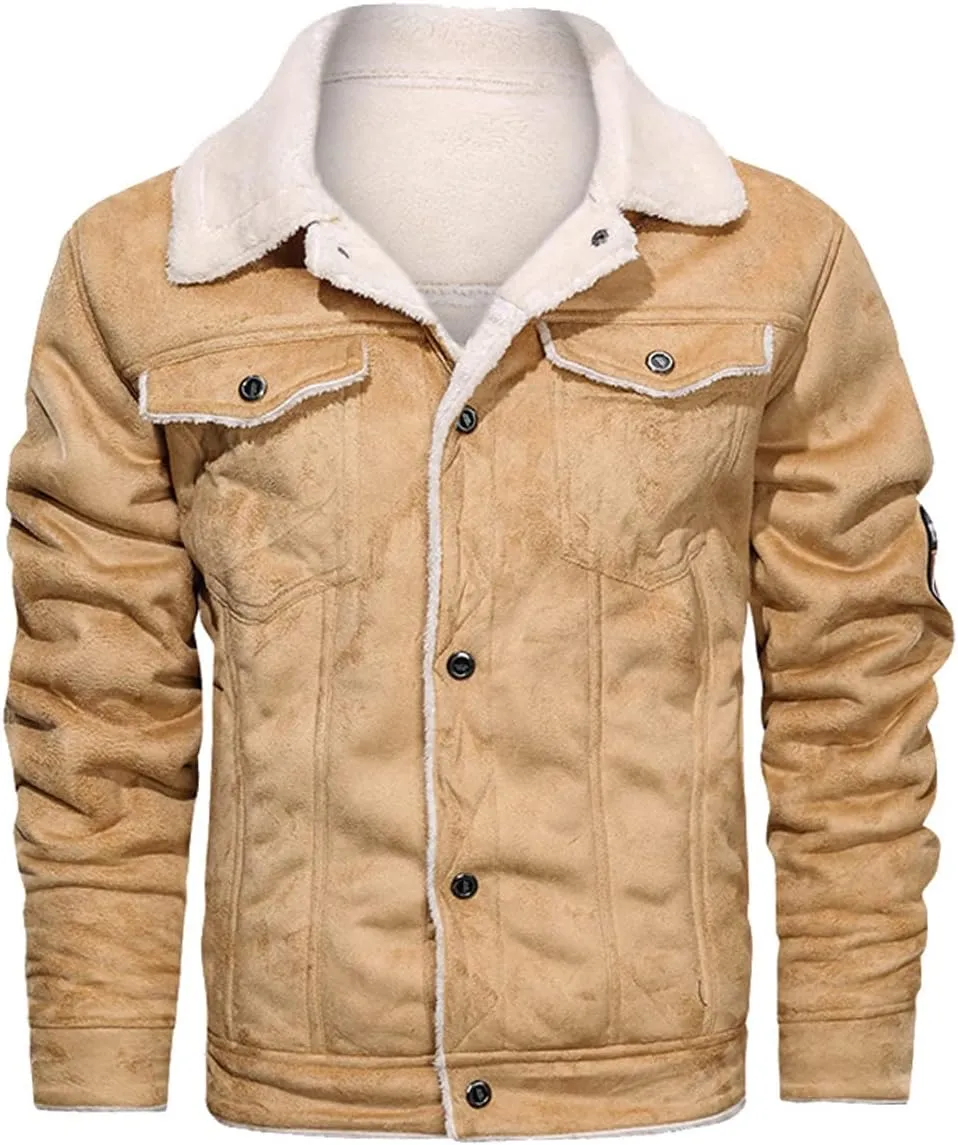 Men's Genuine Suede Airforce Sherpa Shearling Faux Fur Lined Motorcycle Rider Aviator Warm Casual Classic Leather Jacket
