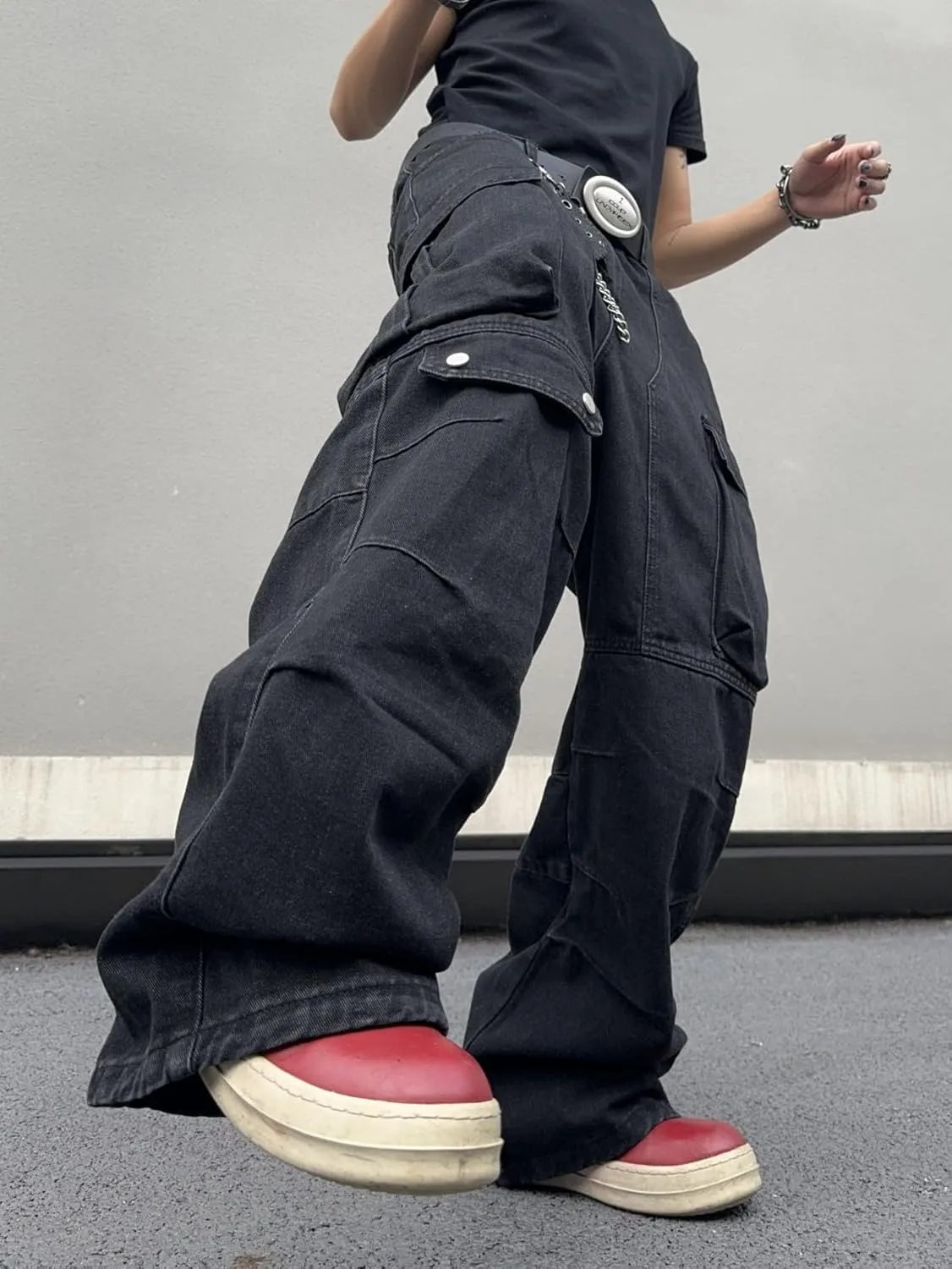 Mens Goth Baggy Cargo Jeans with Pockets Steampunk Patchwork Embroidery Wide Leg Denim Pants