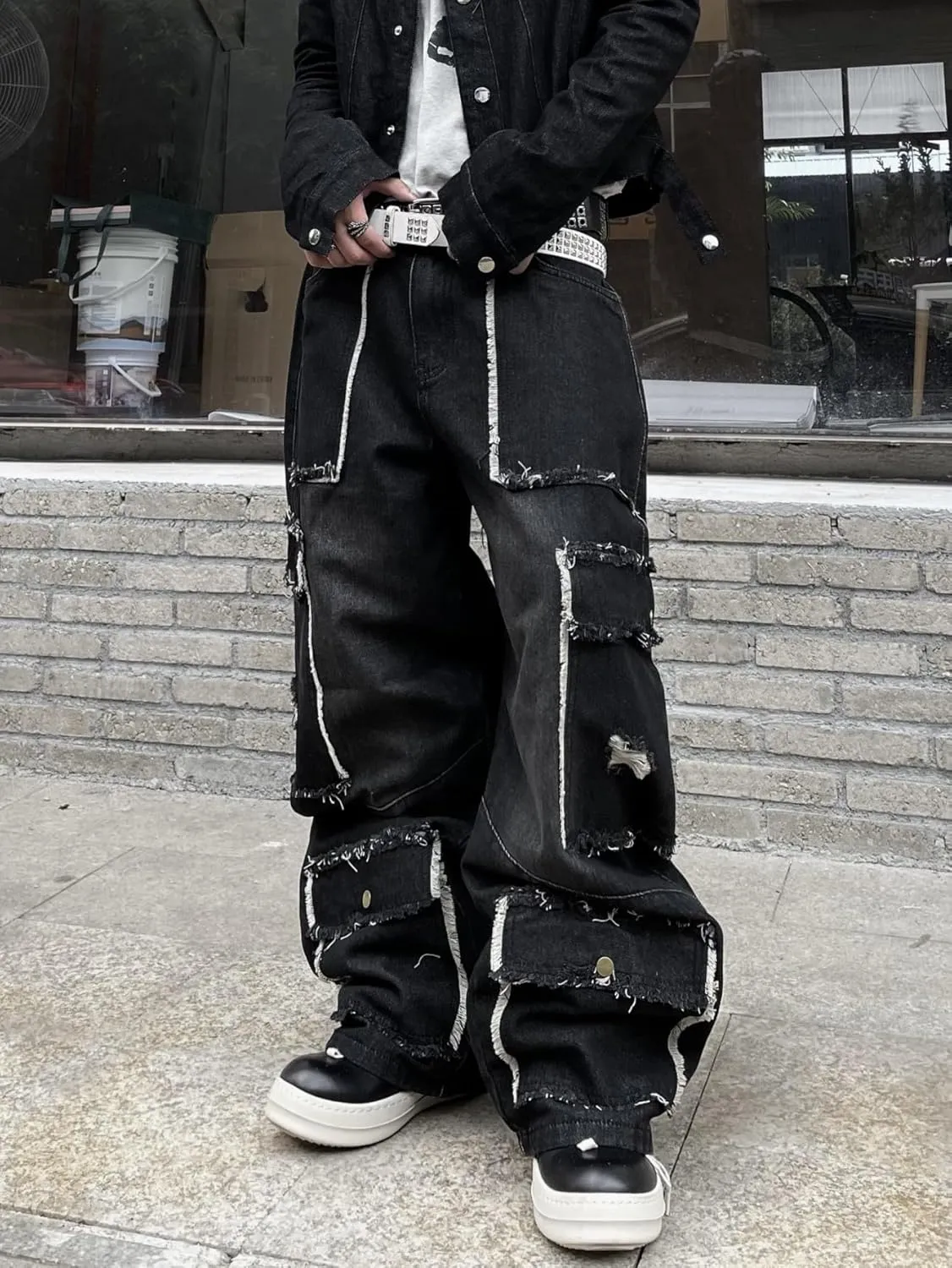 Mens Goth Baggy Cargo Jeans with Pockets Steampunk Patchwork Embroidery Wide Leg Denim Pants