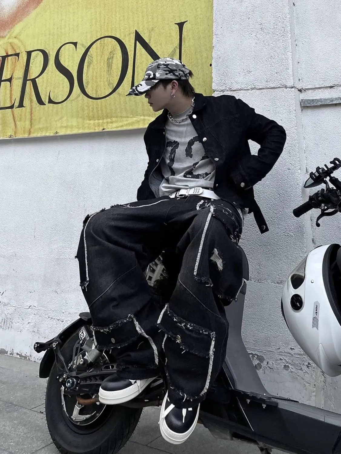 Mens Goth Baggy Cargo Jeans with Pockets Steampunk Patchwork Embroidery Wide Leg Denim Pants