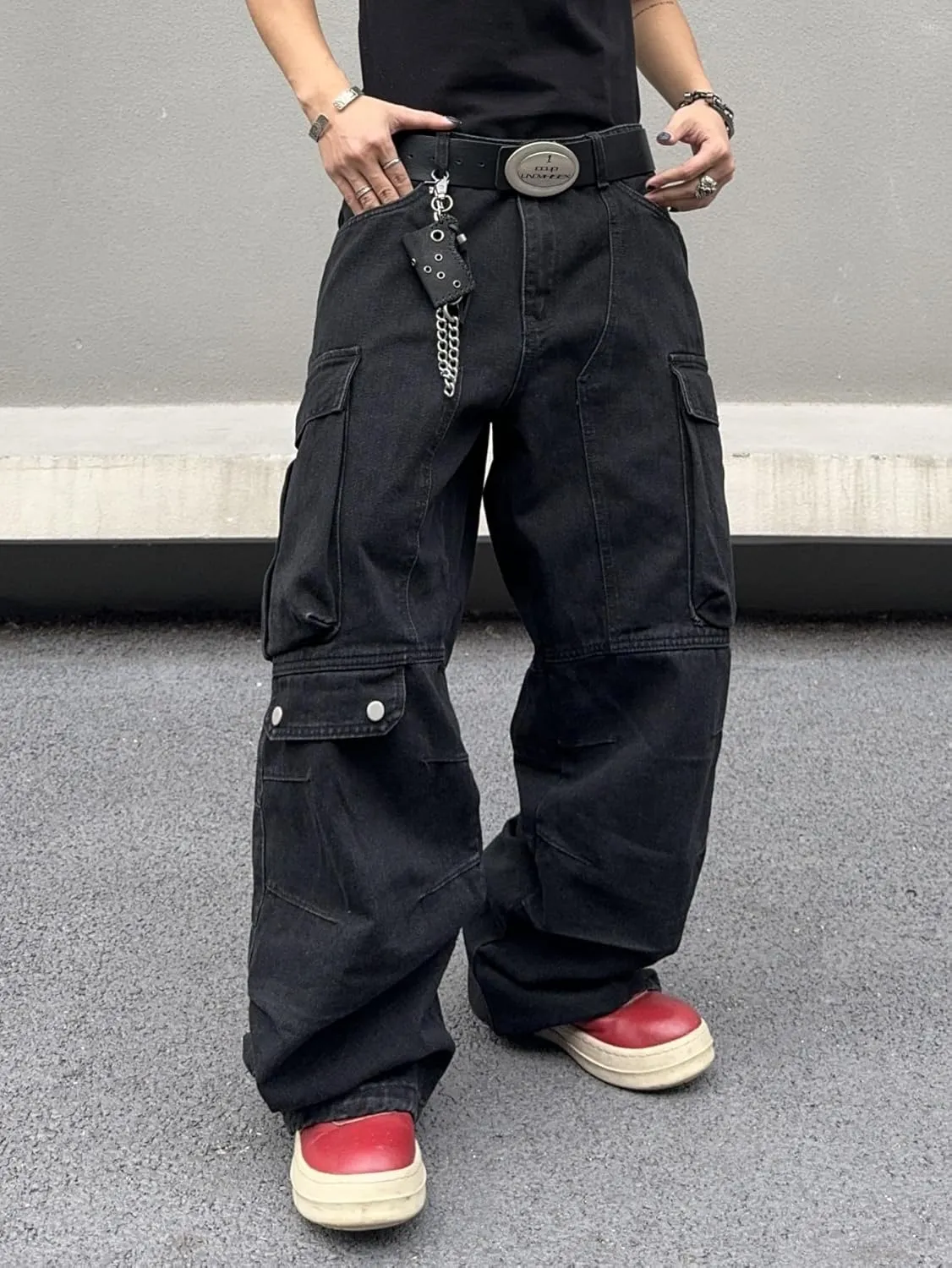 Mens Goth Baggy Cargo Jeans with Pockets Steampunk Patchwork Embroidery Wide Leg Denim Pants