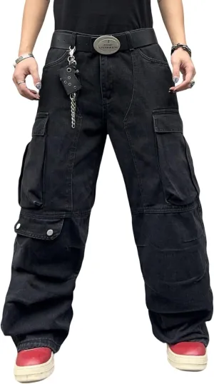 Mens Goth Baggy Cargo Jeans with Pockets Steampunk Patchwork Embroidery Wide Leg Denim Pants
