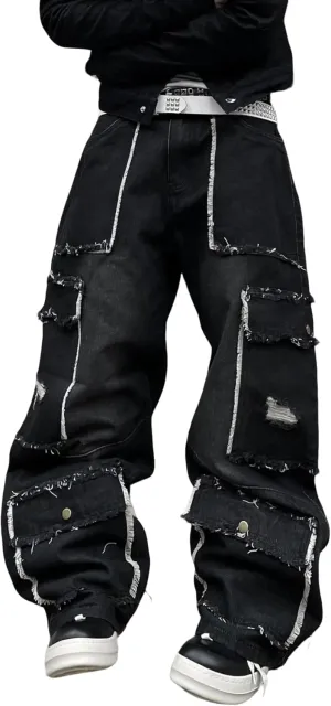 Mens Goth Baggy Cargo Jeans with Pockets Steampunk Patchwork Embroidery Wide Leg Denim Pants