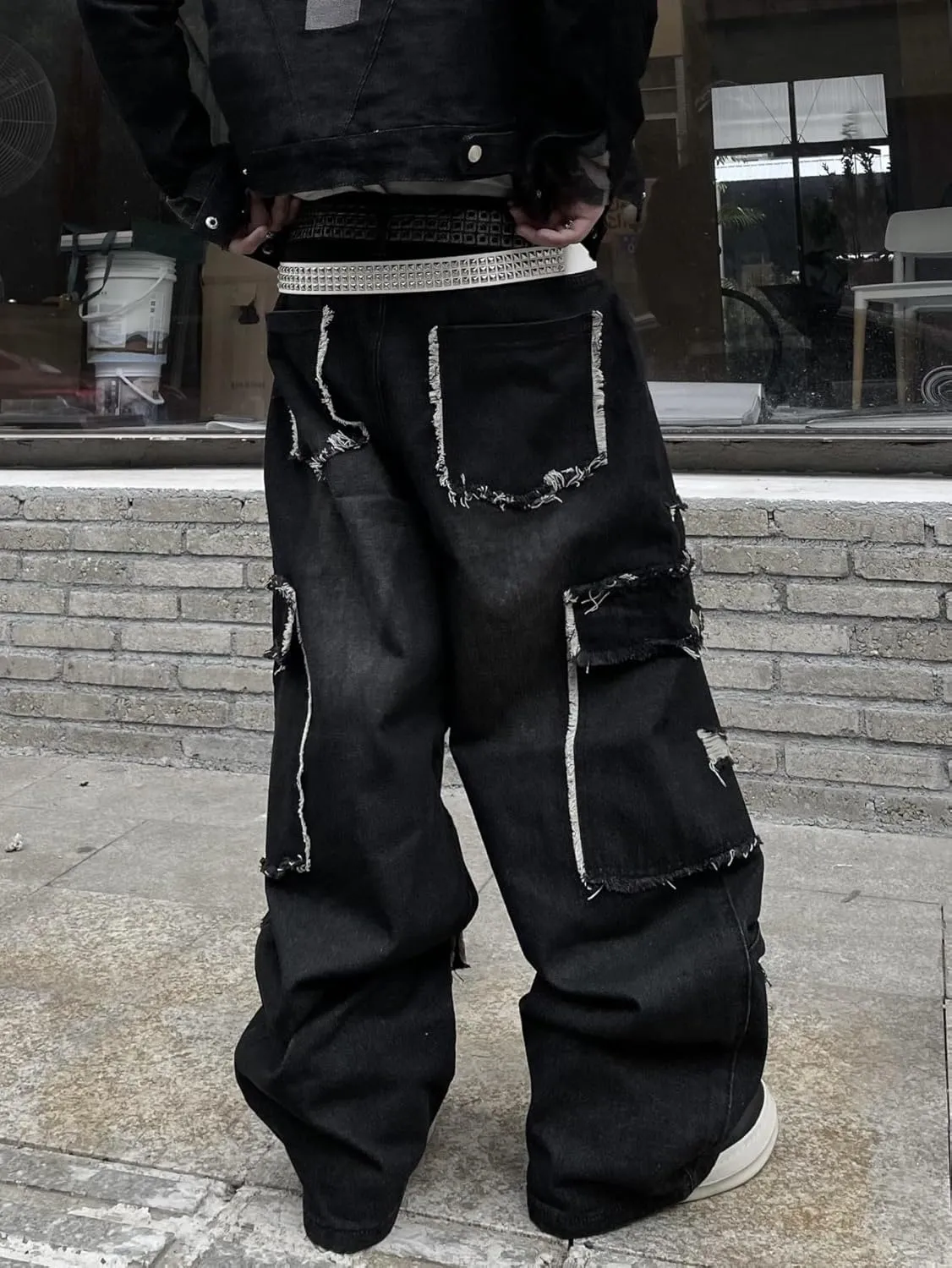Mens Goth Baggy Cargo Jeans with Pockets Steampunk Patchwork Embroidery Wide Leg Denim Pants
