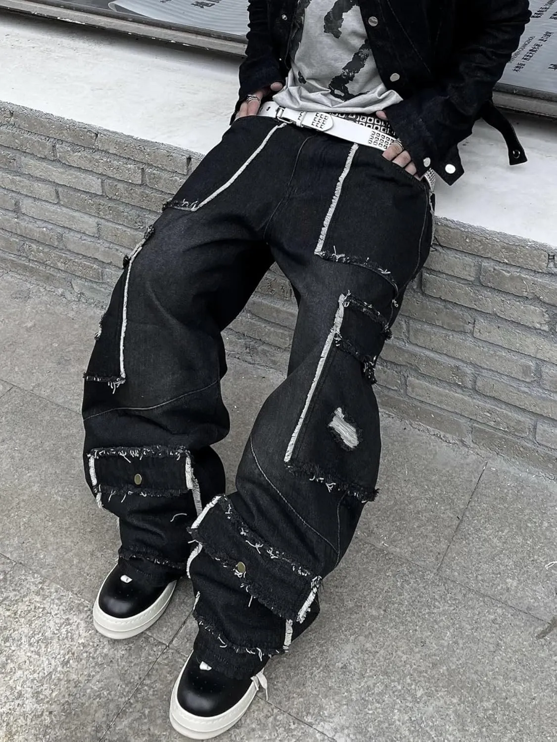 Mens Goth Baggy Cargo Jeans with Pockets Steampunk Patchwork Embroidery Wide Leg Denim Pants
