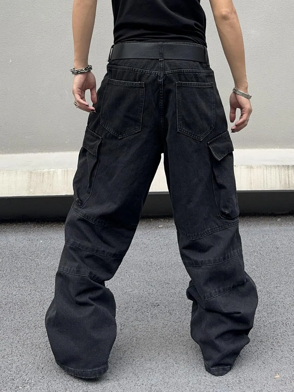 Mens Goth Baggy Cargo Jeans with Pockets Steampunk Patchwork Embroidery Wide Leg Denim Pants