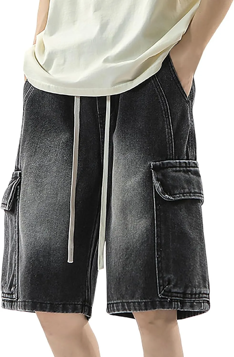 Men's Loose Fit Hip Hop Cropped Jean Shorts Baggy Denim Shorts with Pockets Casual Summer Streetwear Clothes