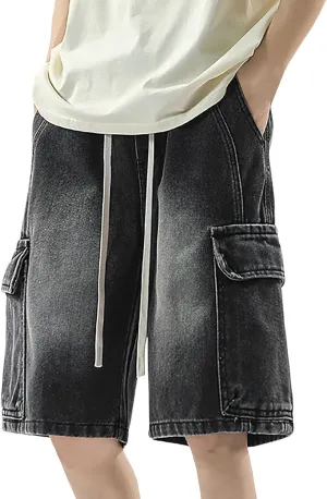 Men's Loose Fit Hip Hop Cropped Jean Shorts Baggy Denim Shorts with Pockets Casual Summer Streetwear Clothes