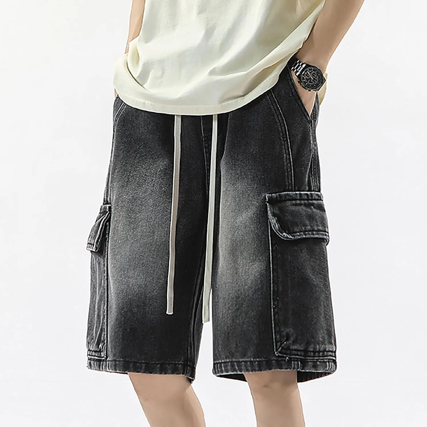 Men's Loose Fit Hip Hop Cropped Jean Shorts Baggy Denim Shorts with Pockets Casual Summer Streetwear Clothes