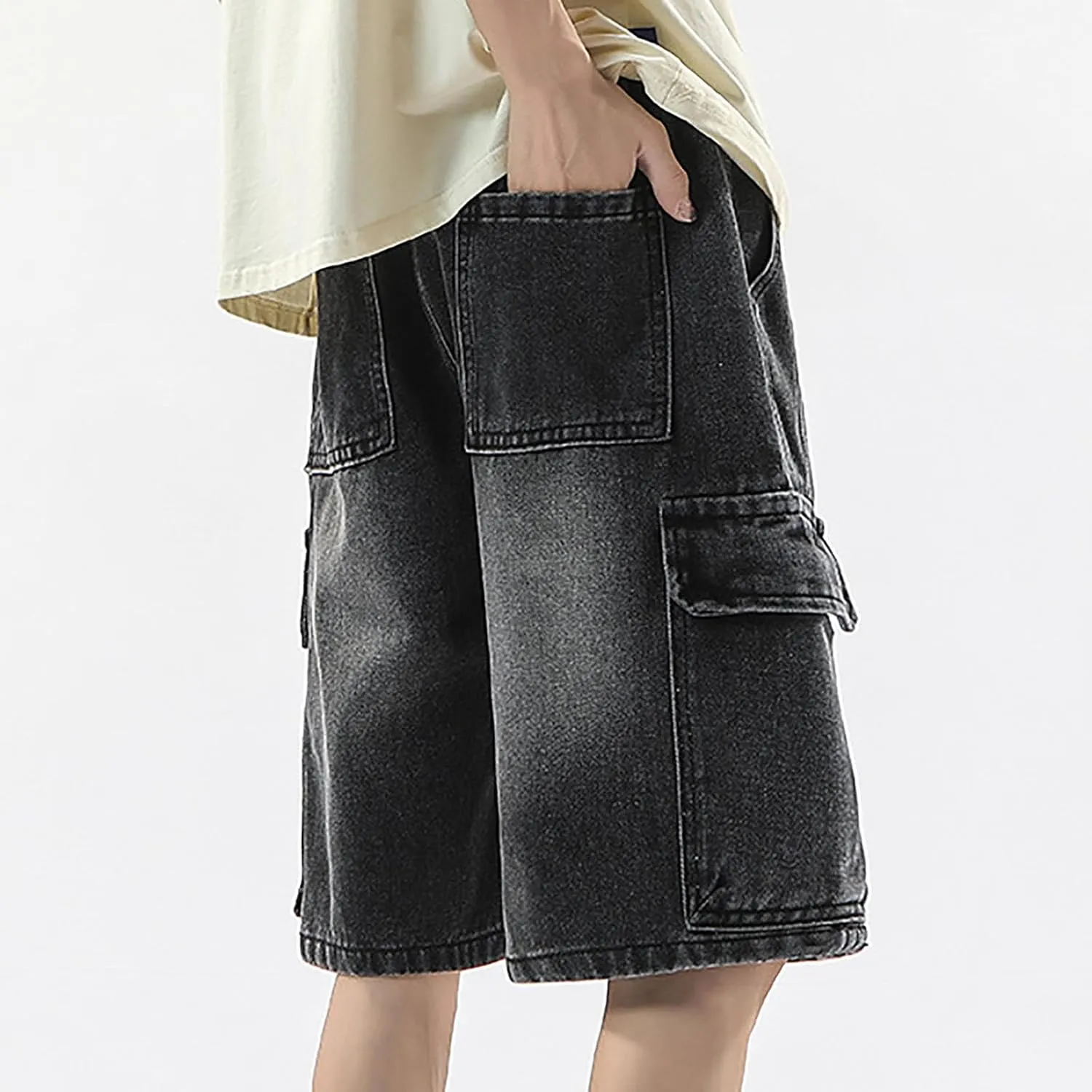 Men's Loose Fit Hip Hop Cropped Jean Shorts Baggy Denim Shorts with Pockets Casual Summer Streetwear Clothes