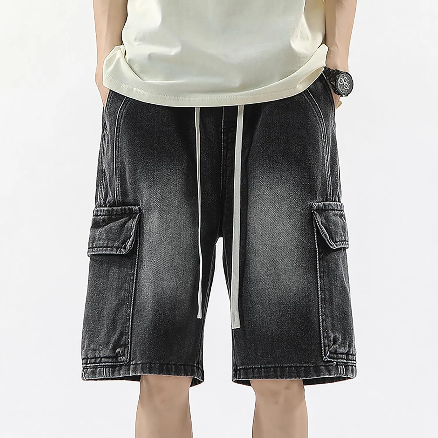 Men's Loose Fit Hip Hop Cropped Jean Shorts Baggy Denim Shorts with Pockets Casual Summer Streetwear Clothes