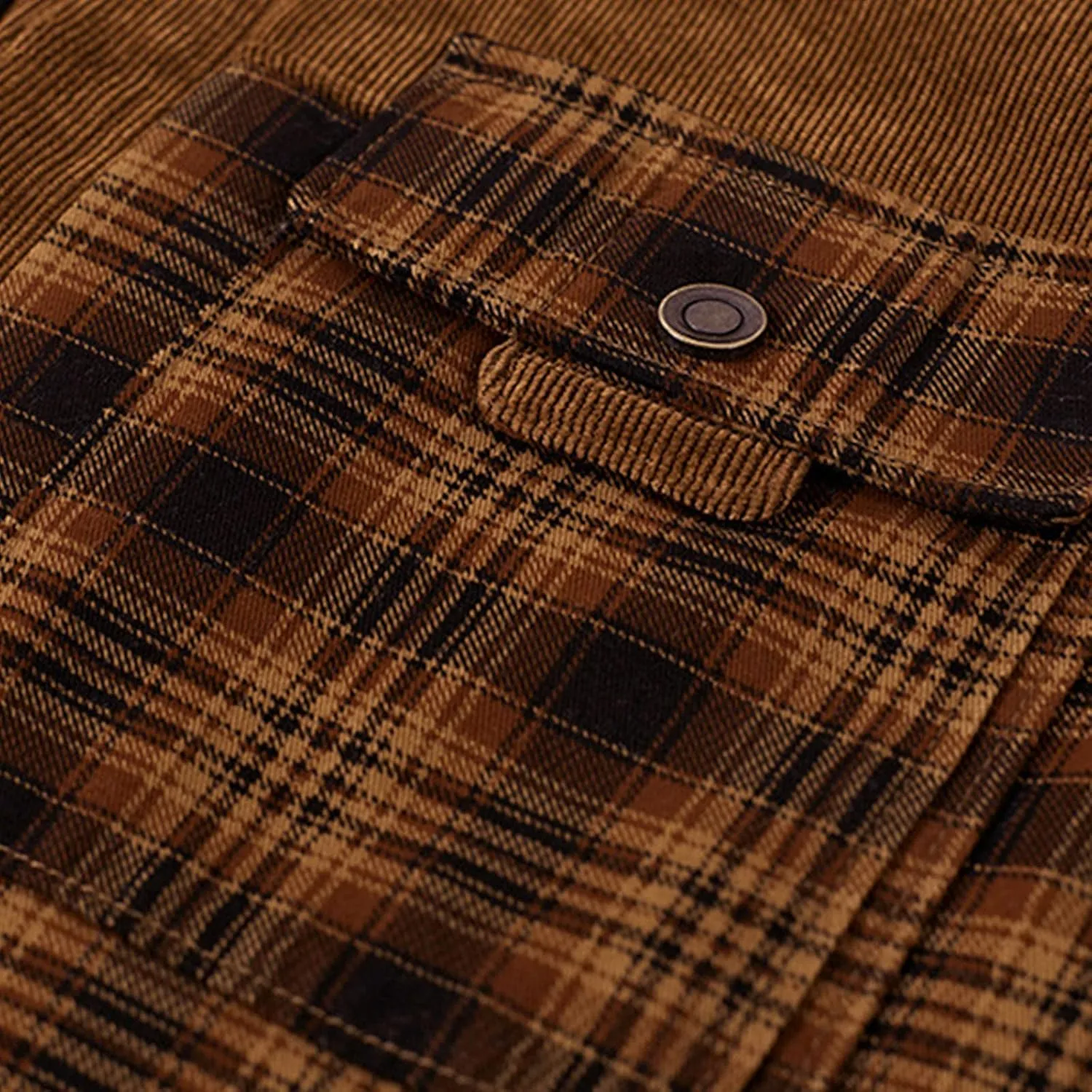 Men's Plaid Shirt Casual Flannel Jacket Lapel Button Down Pocket Long Sleeve Shirt Patchwork Jacket Thickened ​Coat