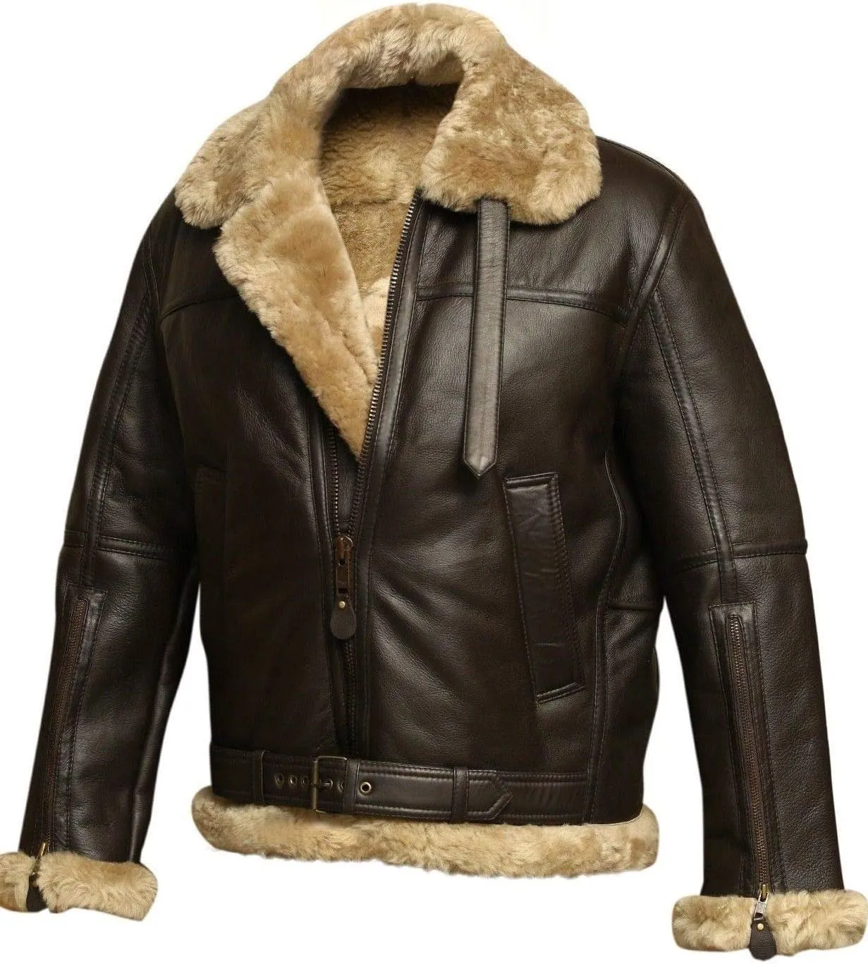 Mens RAF B3 Aviator Bomber Leather Jacket - WW2 Fur Shearling Sheepskin Jacket Men Black/Brown