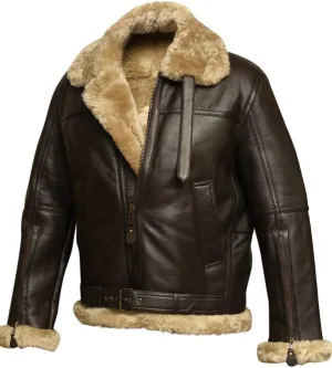 Mens RAF B3 Aviator Bomber Leather Jacket - WW2 Fur Shearling Sheepskin Jacket Men Black/Brown