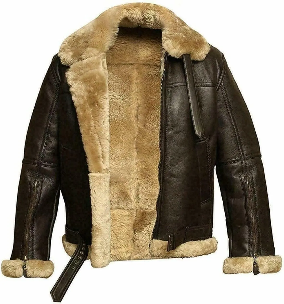 Mens RAF B3 Aviator Bomber Leather Jacket - WW2 Fur Shearling Sheepskin Jacket Men Black/Brown