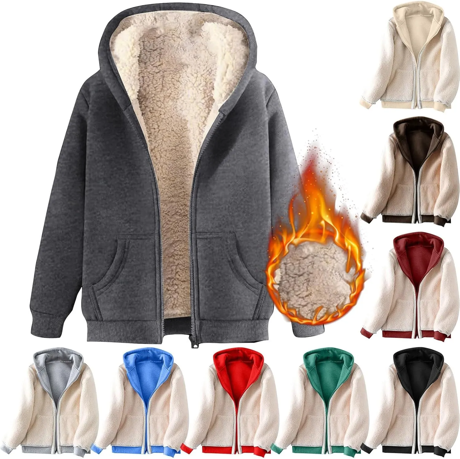 Men's Sherpa Zip Up Warm Hoodies Fleece Lined Jacket with Hood Sweatshirt Fall Winter Zipper Sweater Hooded Coats