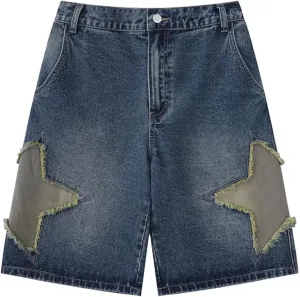 Men's Star Patchwork Denim Shorts Summer Wide Leg Loose Hip-hop Fashion Streetwear Jeans Shorts