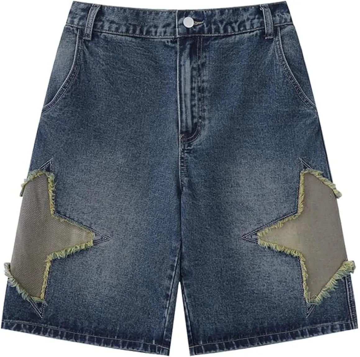 Men's Star Patchwork Denim Shorts Summer Wide Leg Loose Hip-hop Fashion Streetwear Jeans Shorts