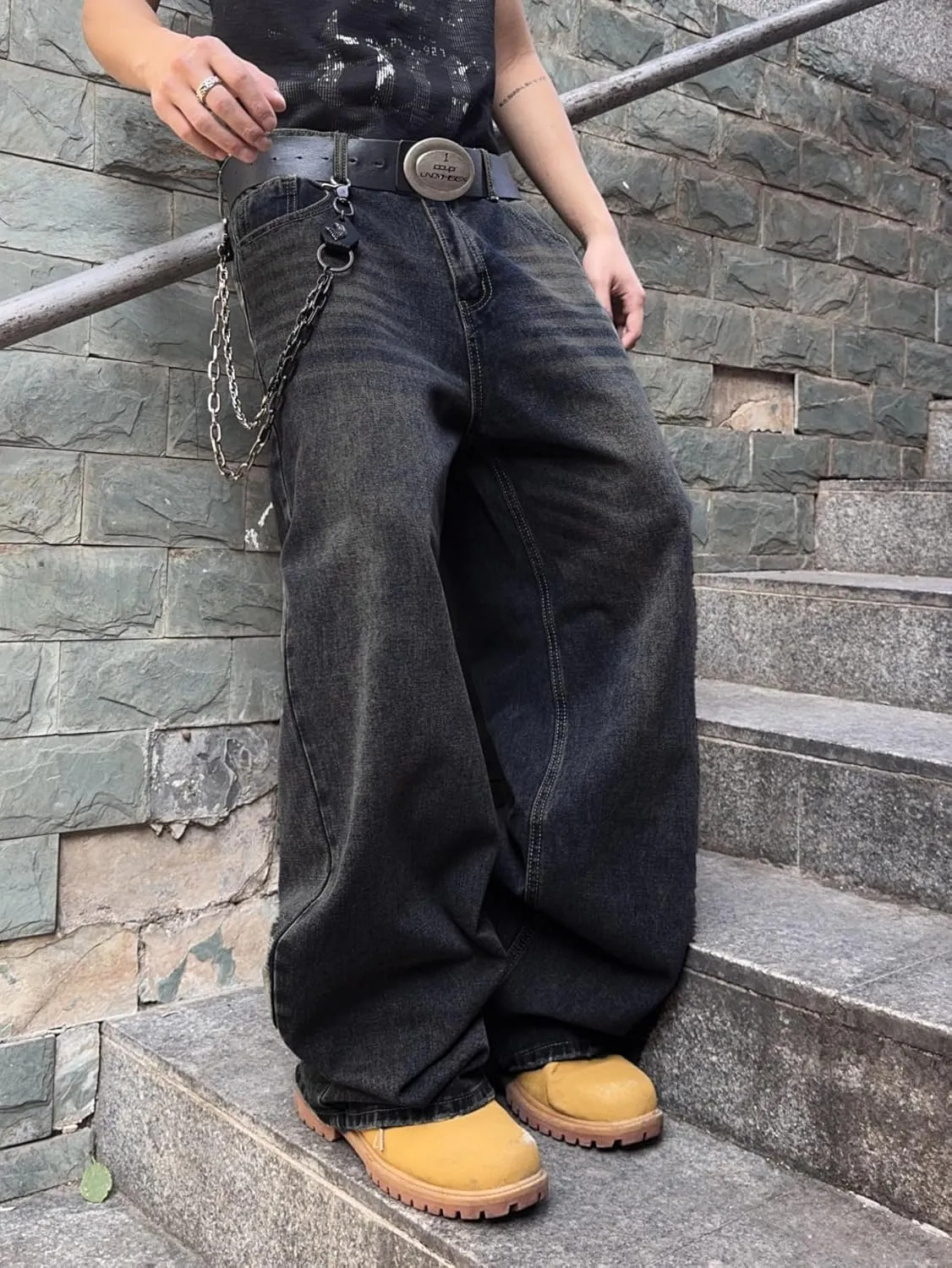Mens Streetwear Hip Hop Baggy Jeans Wide Leg Skater Denim Pants Loose Long Trousers