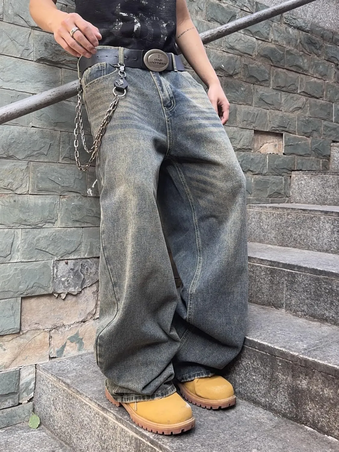 Mens Streetwear Hip Hop Baggy Jeans Wide Leg Skater Denim Pants Loose Long Trousers