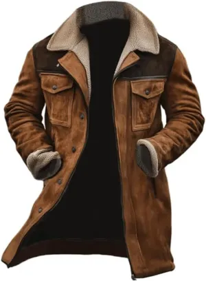 Men's Suede Coat Vintage Suede Pocket Plush Reversed Collar Mens Outdoor Jacket Coat Outdoor Retro Top