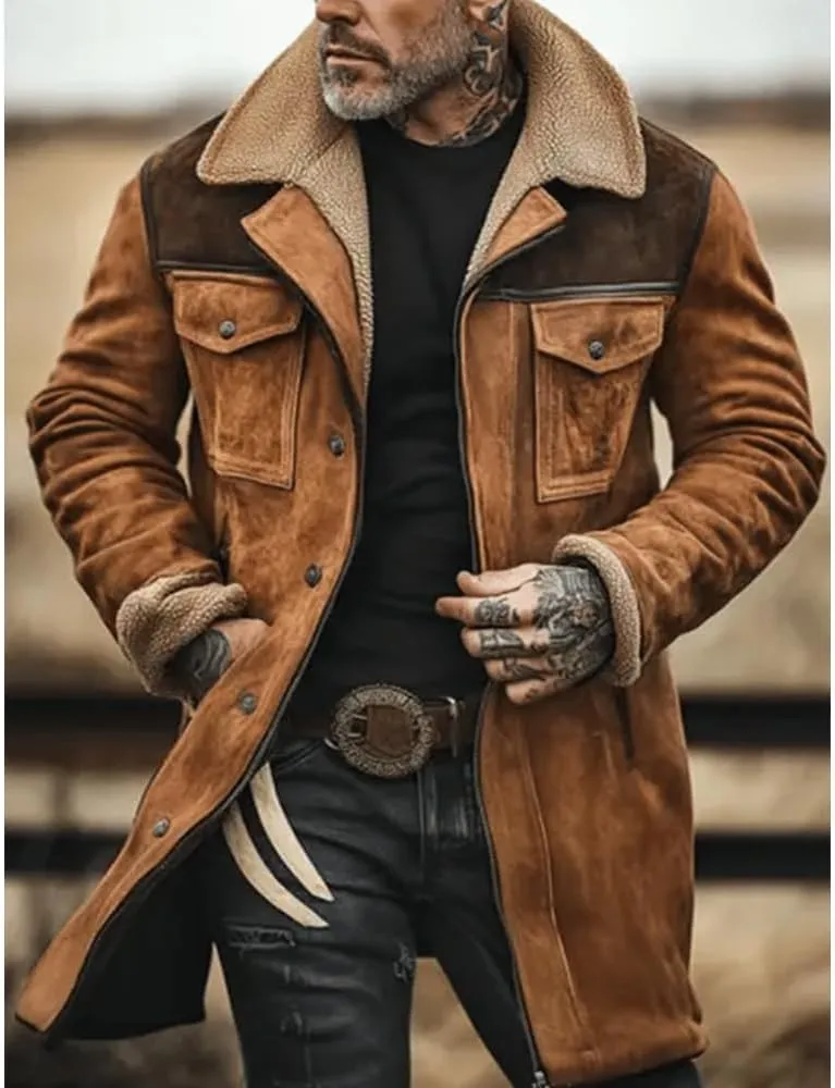 Men's Suede Coat Vintage Suede Pocket Plush Reversed Collar Mens Outdoor Jacket Coat Outdoor Retro Top