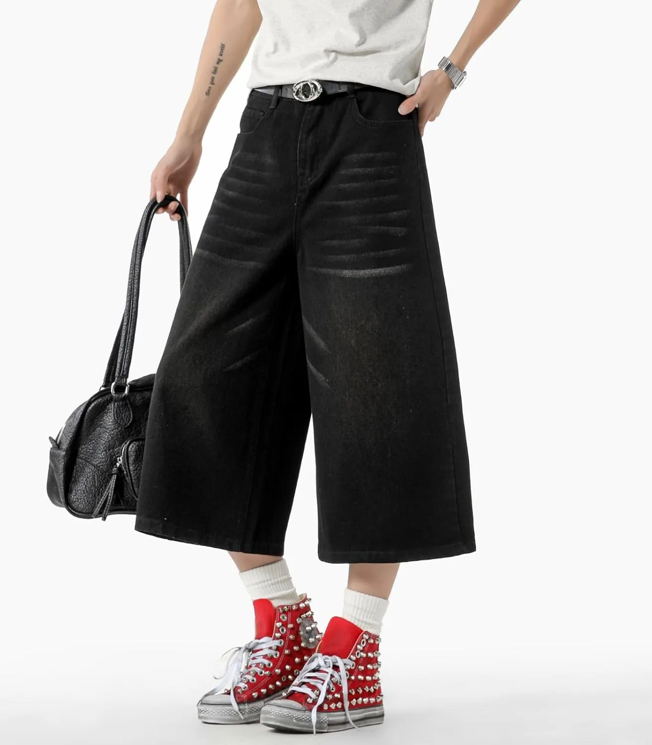 Men's Teen Acid Wash Y2K Jorts Baggy Jean Shorts Wide Leg Loose Fit Streetwear Hip Hop Summer Jnco Shorts