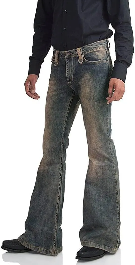 Men's Vintage Flared Leg Denim Jeans Classic Patchwork Bell Bottom Denim Pants