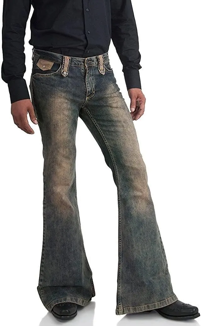 Men's Vintage Flared Leg Denim Jeans Classic Patchwork Bell Bottom Denim Pants