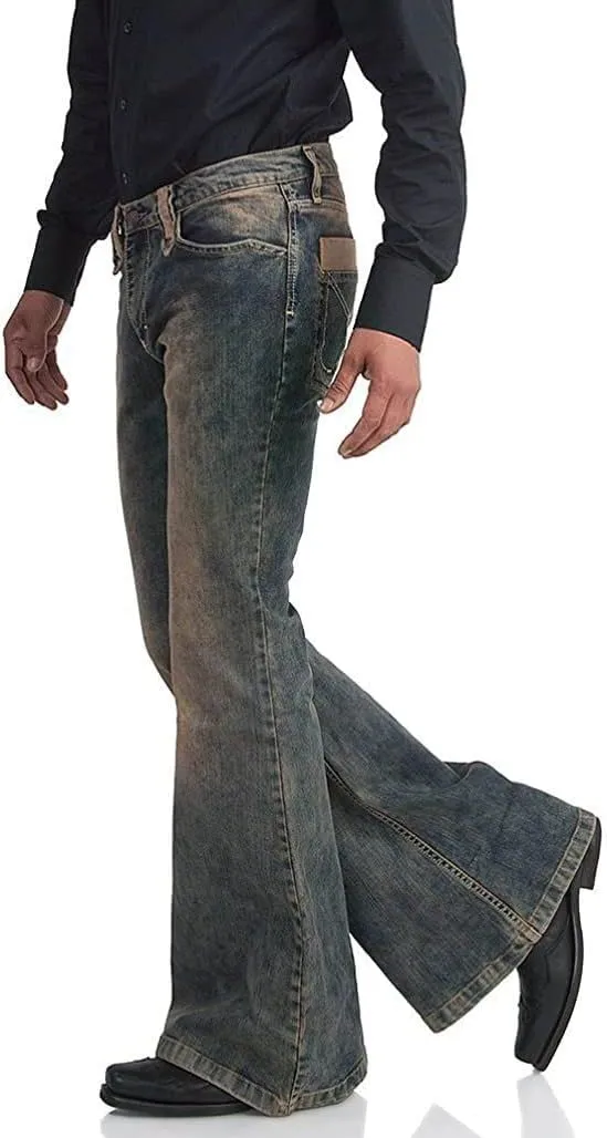 Men's Vintage Flared Leg Denim Jeans Classic Patchwork Bell Bottom Denim Pants