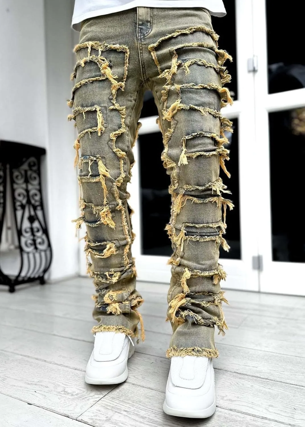 Mens Vintage Ripped Flared Leg Stacked Jeans Patchwork Bell Bottom Regular Fit 70s Hip Hop Distressed Denim Pants