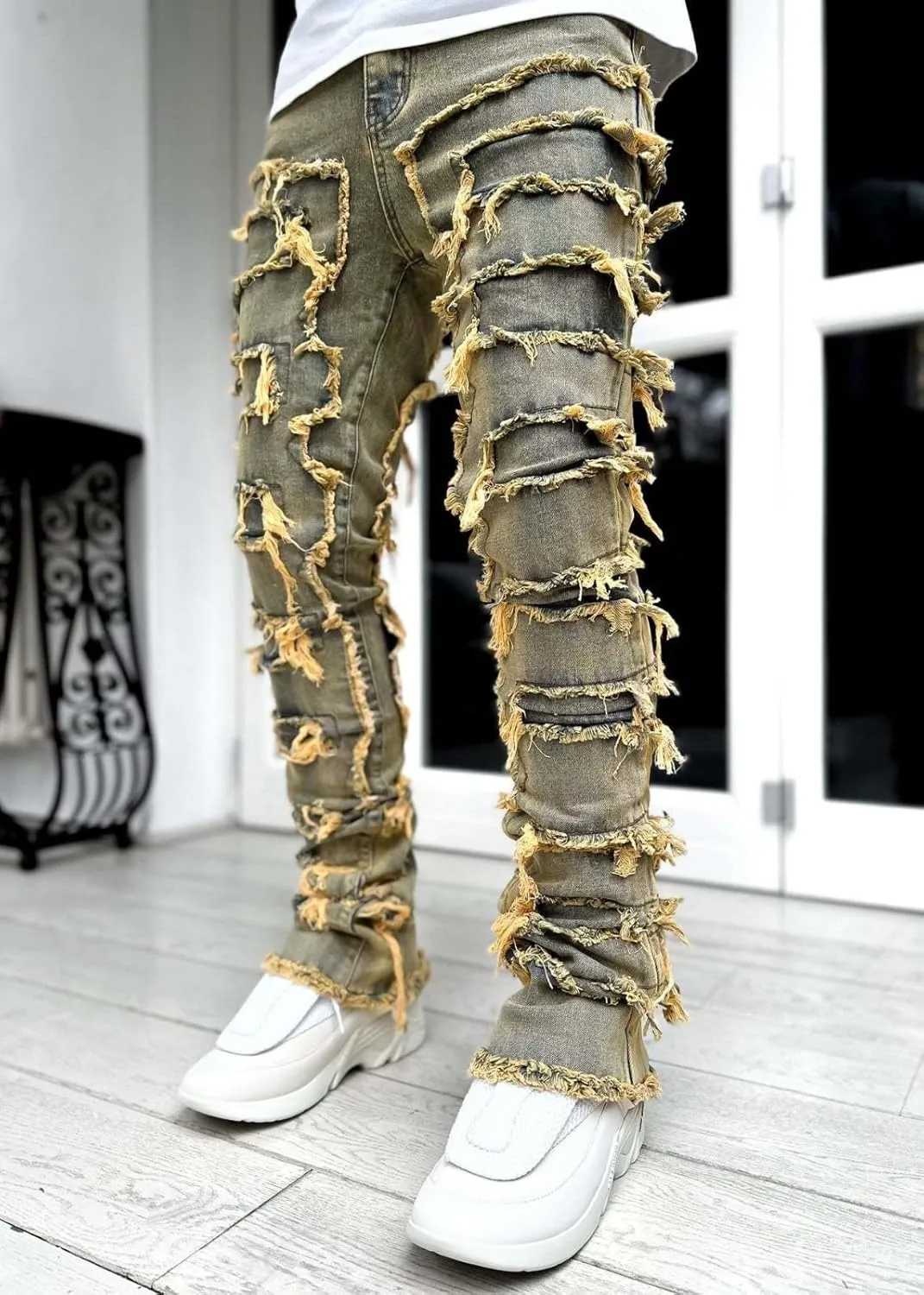 Mens Vintage Ripped Flared Leg Stacked Jeans Patchwork Bell Bottom Regular Fit 70s Hip Hop Distressed Denim Pants