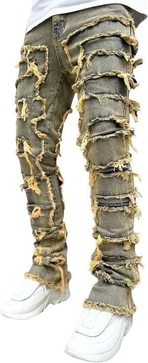 Mens Vintage Ripped Flared Leg Stacked Jeans Patchwork Bell Bottom Regular Fit 70s Hip Hop Distressed Denim Pants