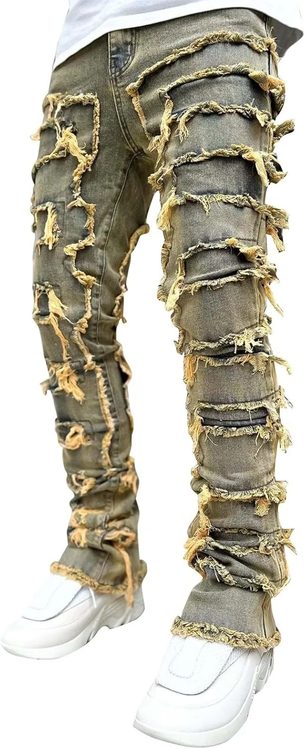 Mens Vintage Ripped Flared Leg Stacked Jeans Patchwork Bell Bottom Regular Fit 70s Hip Hop Distressed Denim Pants